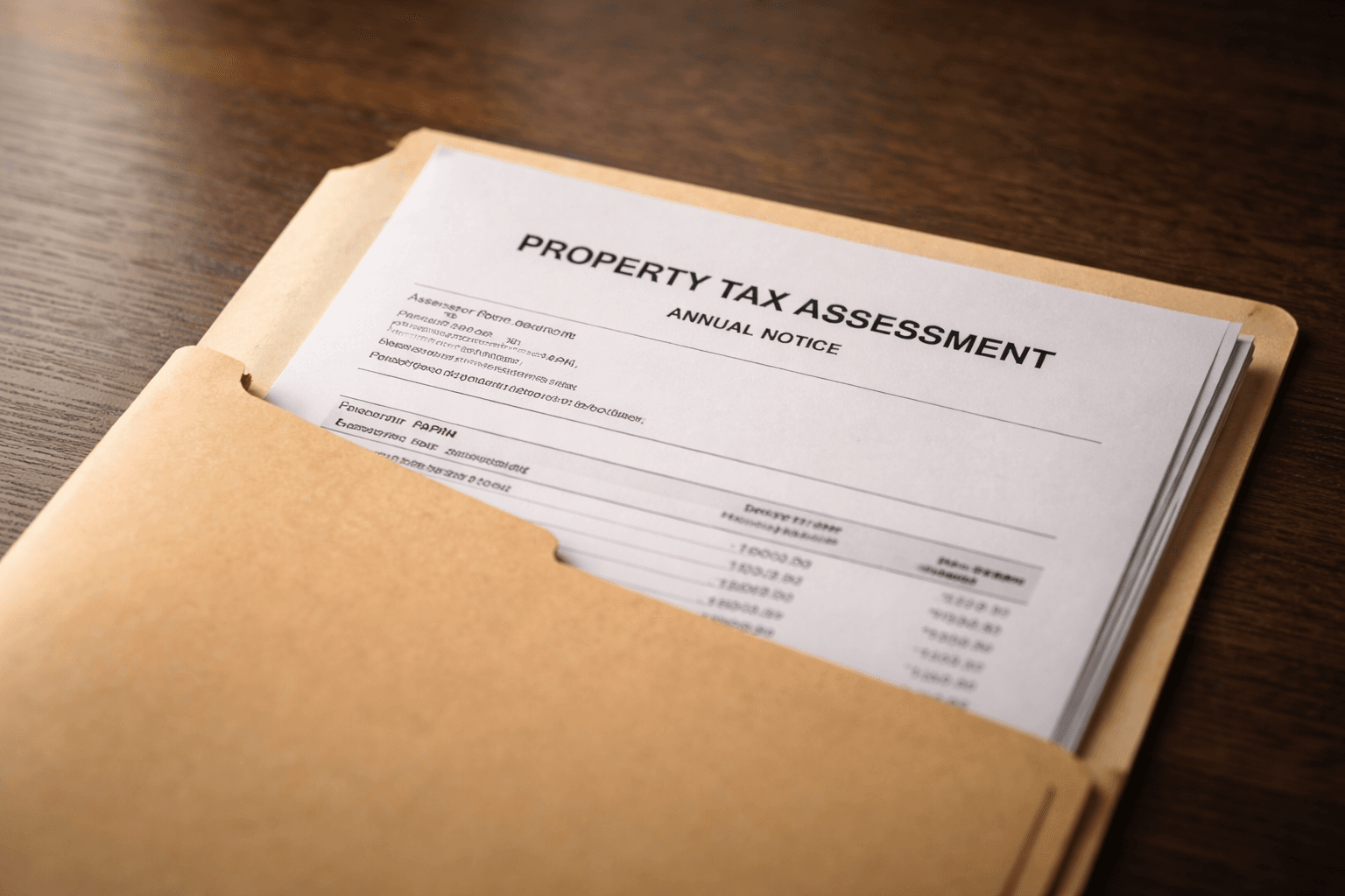 Property tax assessment notice partially pulled from a manila folder on a wooden desk with soft natural light