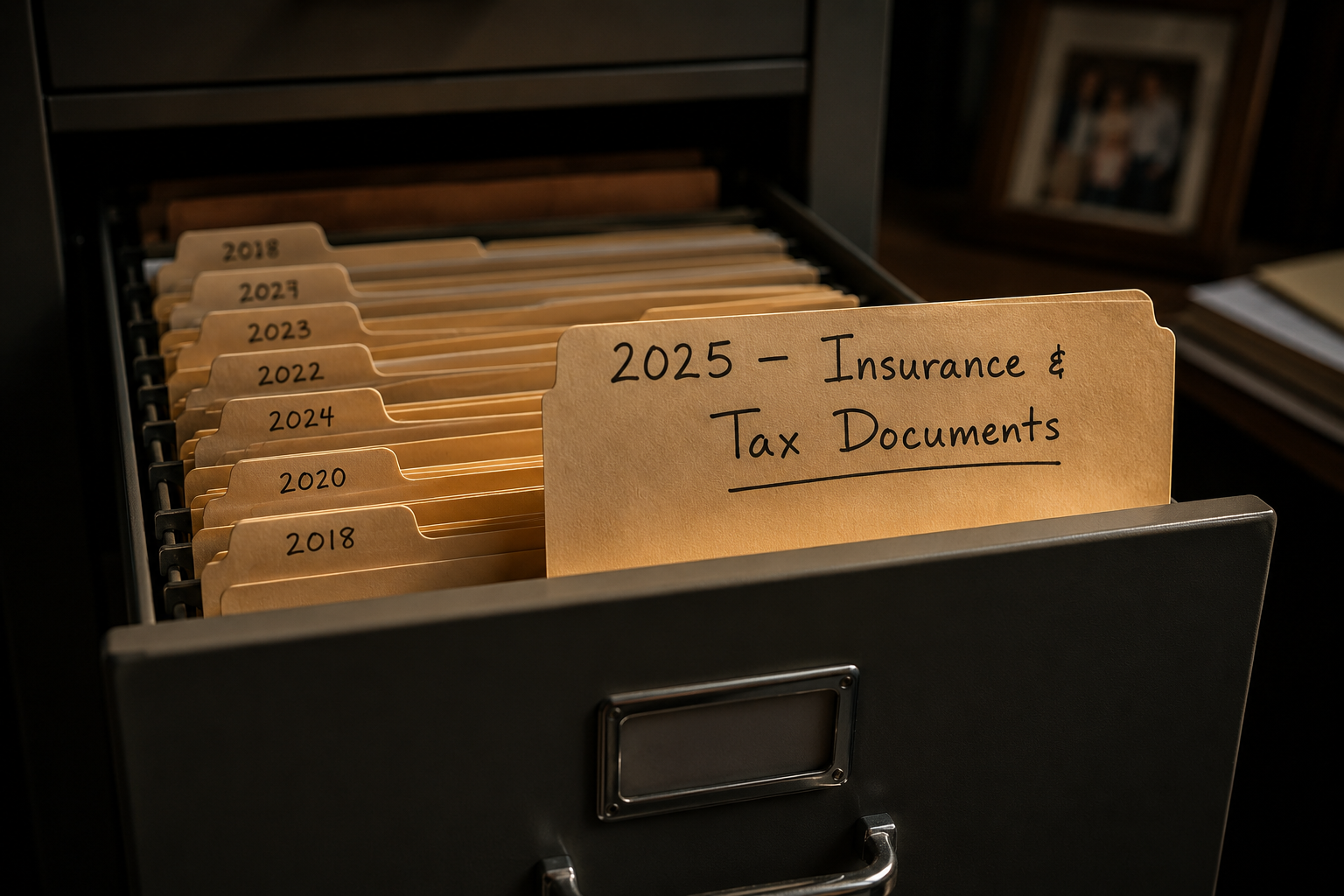 Filing cabinet folders labeled by year, a record of what happens after income stops growing