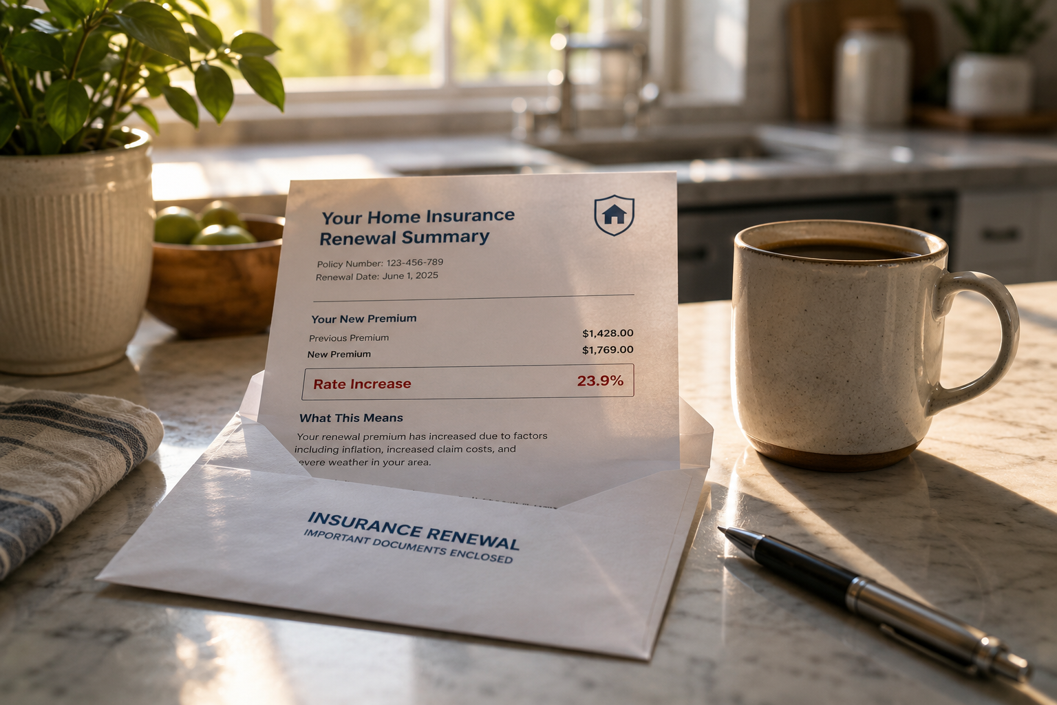 Homeowners insurance premiums rising — renewal notice on kitchen counter