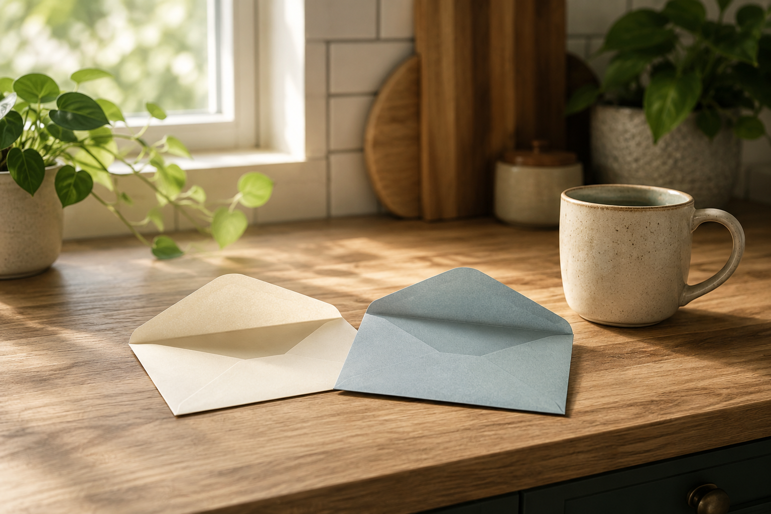 Two billing envelopes on kitchen counter representing overlapping medical and credit card debt