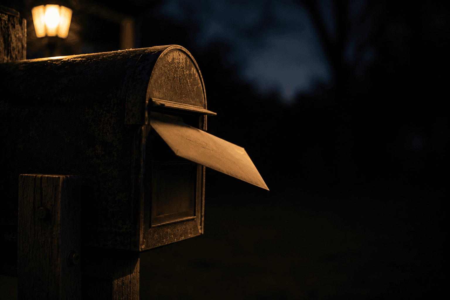 Evening light on a mailbox holding property tax and insurance bills