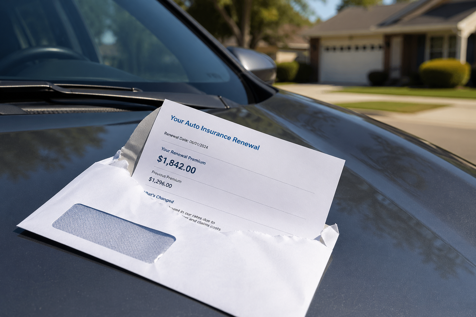 Insurance renewal letter opened on a parked car hood showing premium details