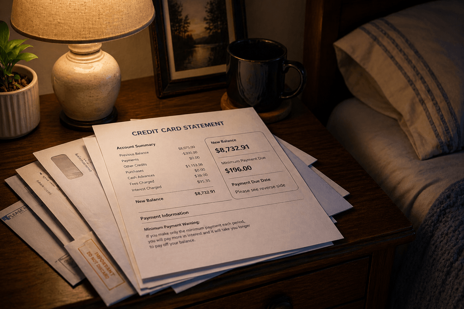 Credit card statement resting on a bedroom side table beside a lamp and unopened mail