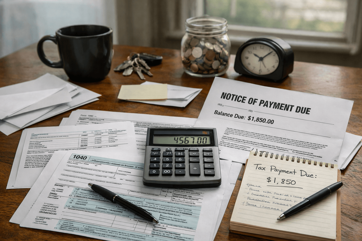 High deductible health plan bills and payment due notice with calculator on a kitchen table showing early-year healthcare cost pressure