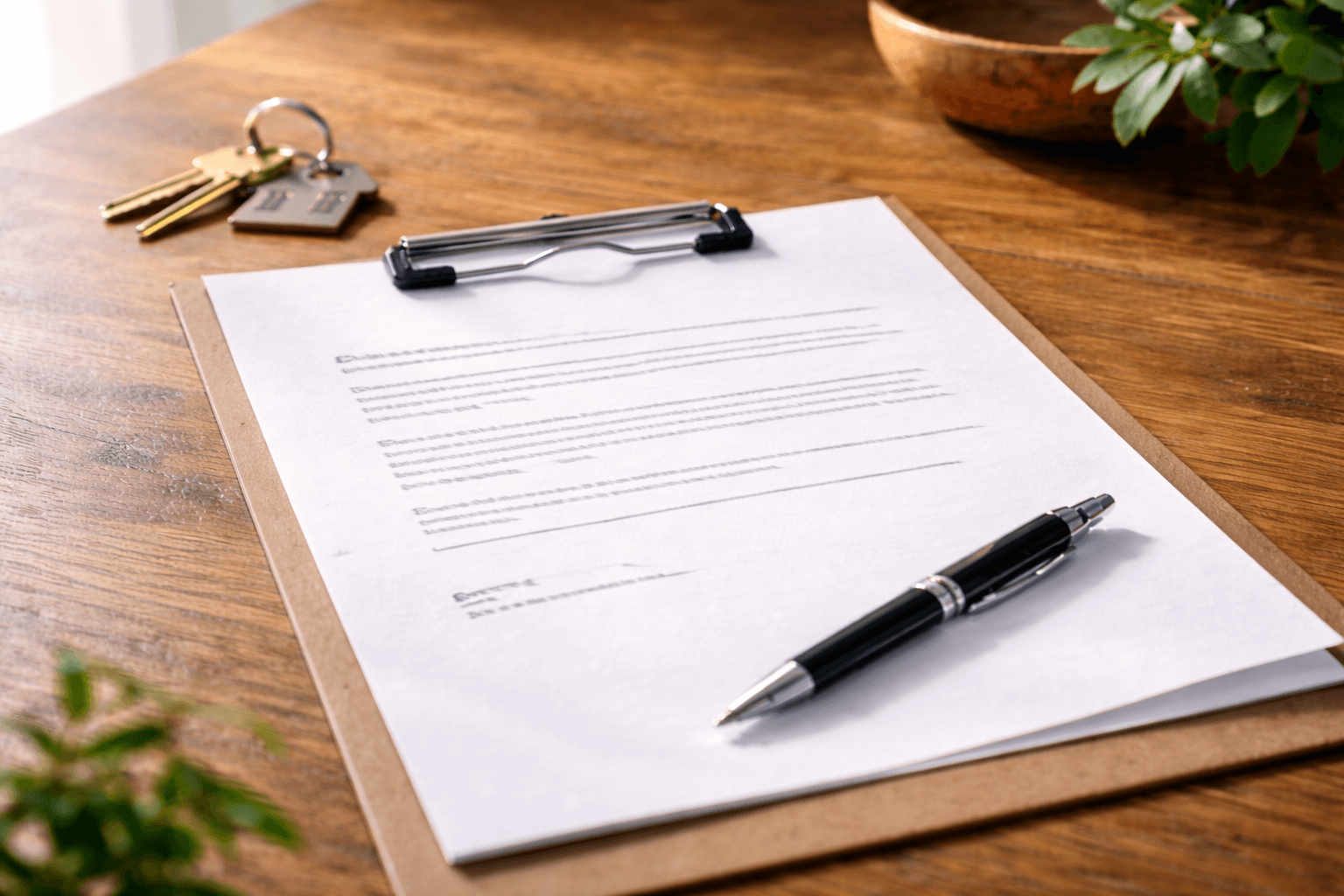 Home insurance policy document with house keys and pen placed on a wooden table in natural light