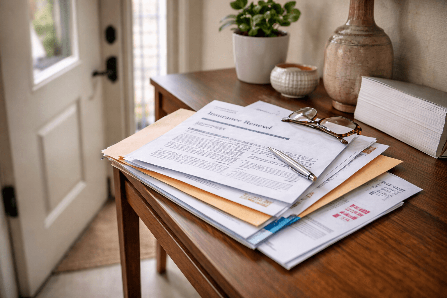 Insurance renewal letters and policy documents placed on a home entryway table