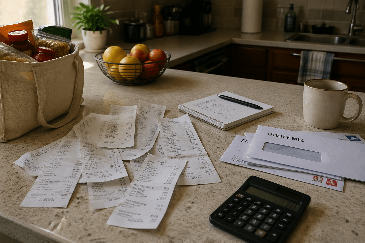 Kitchen counter with grocery receipts and unopened utility bill showing everyday expense pressure