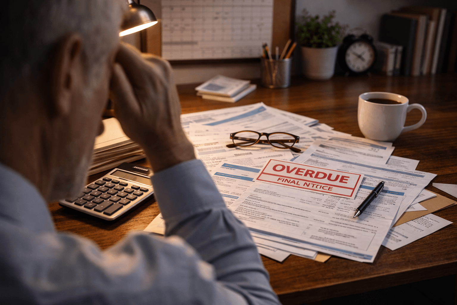 Stack of household bills and overdue notice on a home office desk showing late-career financial pressure