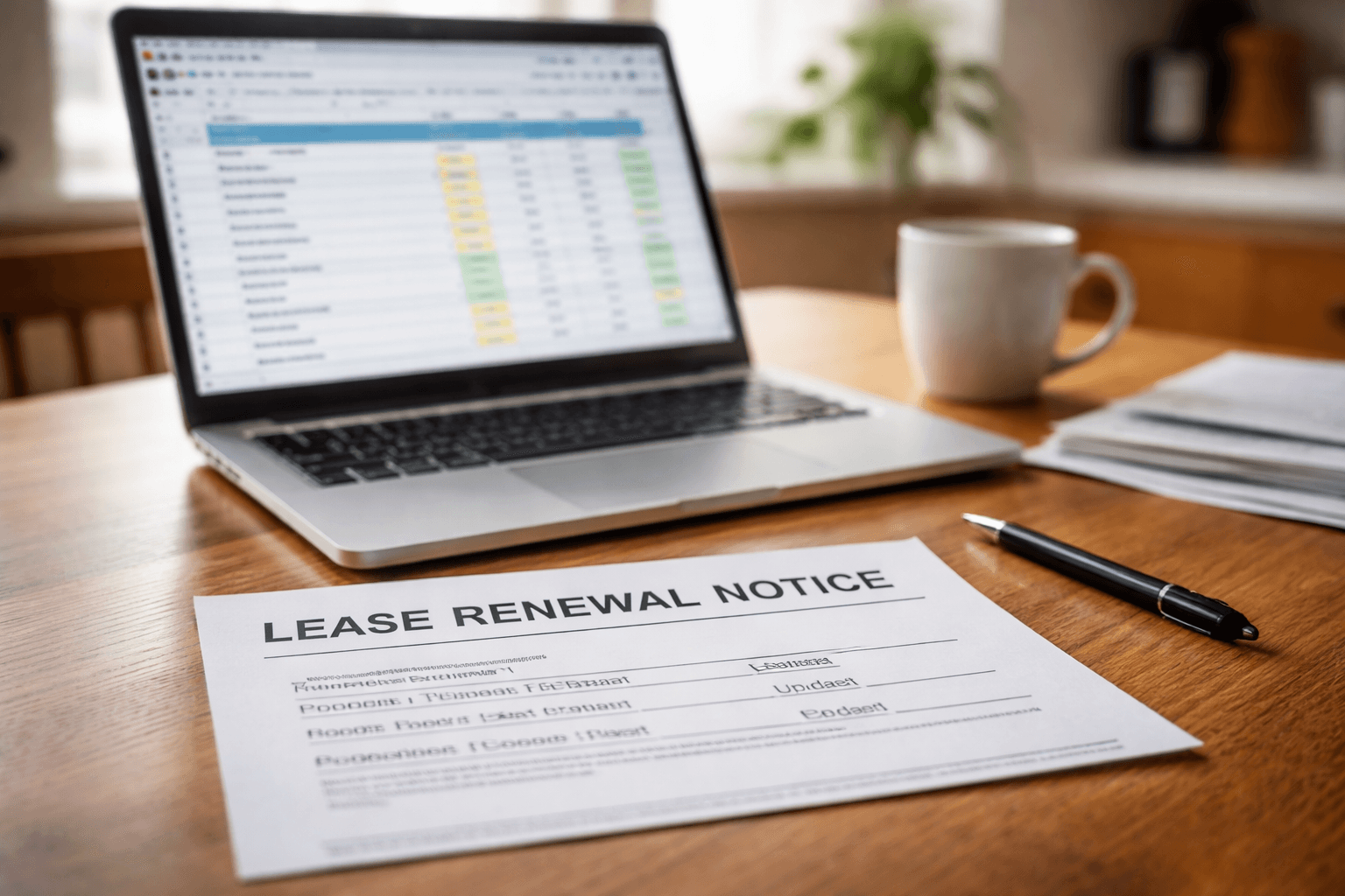 Lease renewal notice on table next to laptop showing monthly budget spreadsheet