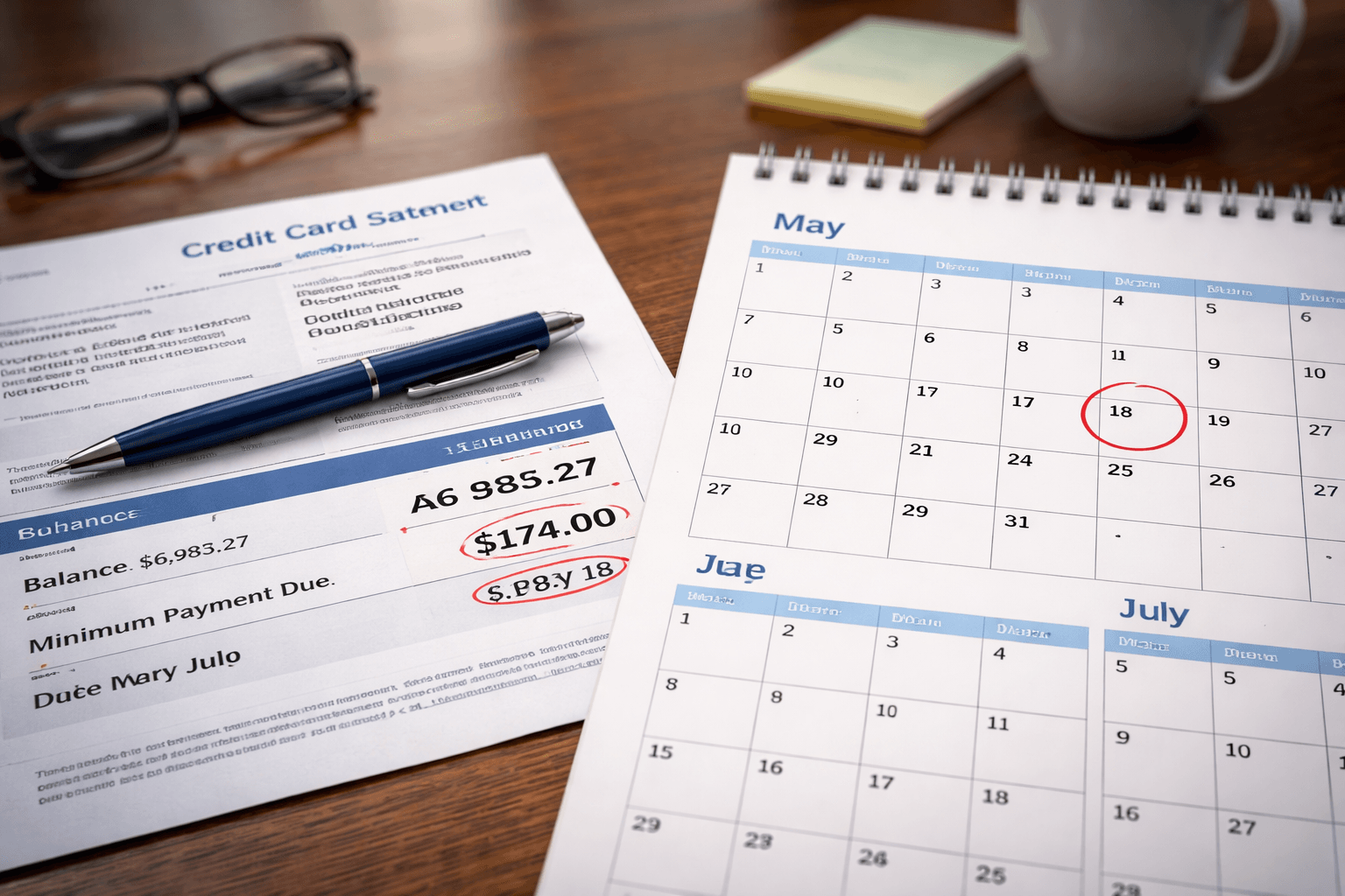 Credit card statement showing minimum payment due placed next to a monthly calendar marking the payment date