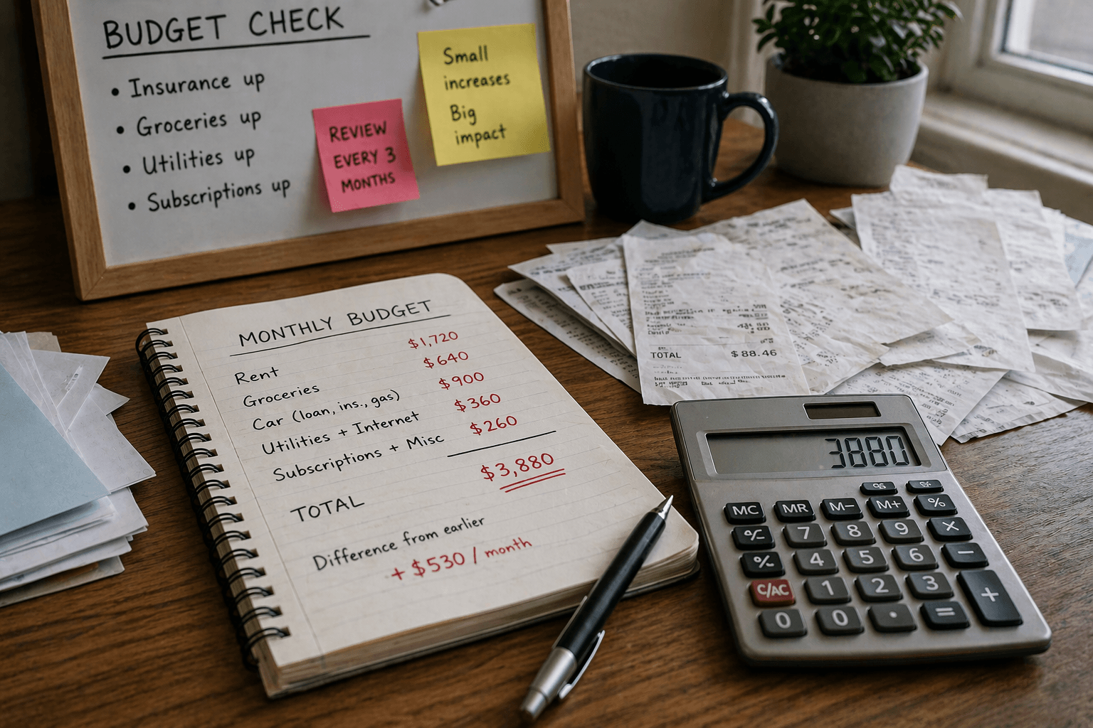 Utility bills and grocery receipts scattered on a kitchen counter showing rising household expenses