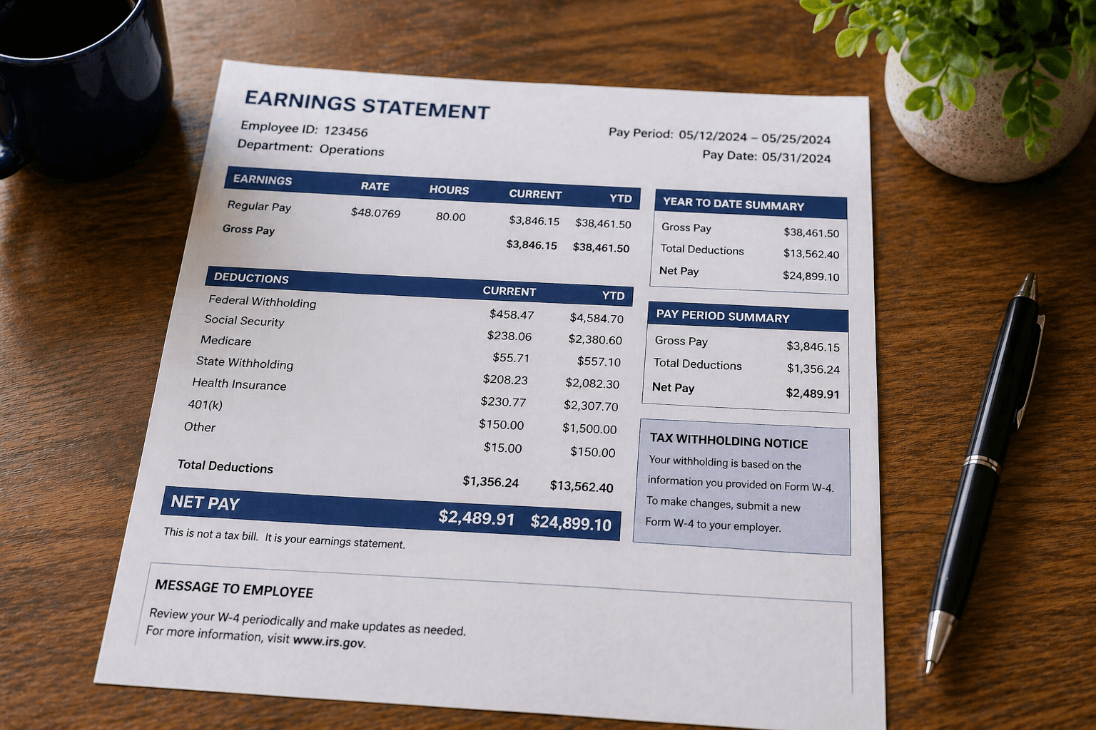 Printed pay stubs laid out in a drawer showing multiple deduction lines and net pay differences