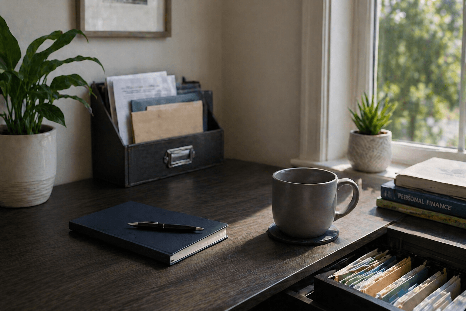 Printed pay stub on a kitchen counter next to opened mail and a coffee mug