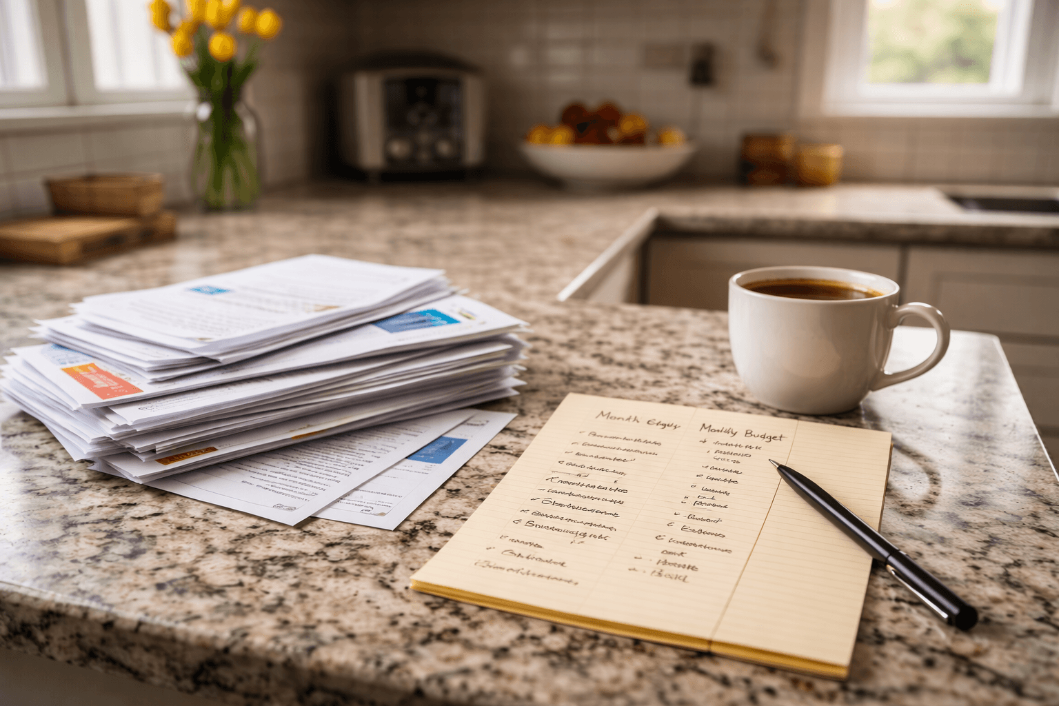 Kitchen counter with stacked bills and handwritten budget notes showing ongoing expense pressure