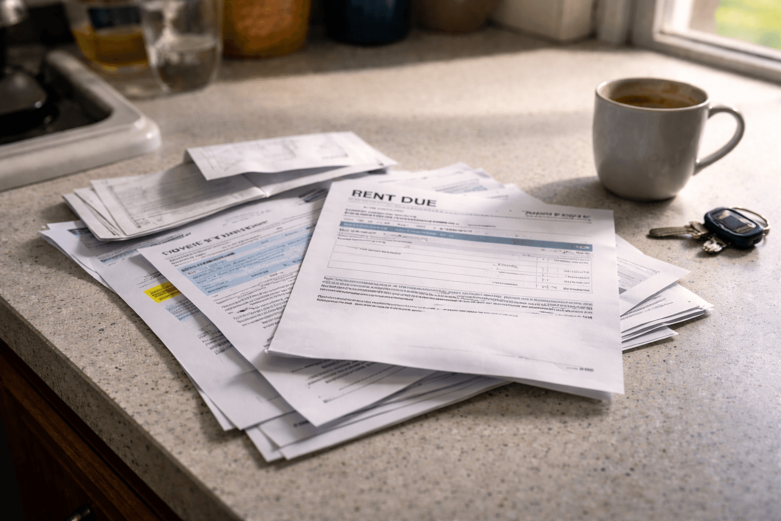 Stack of household bills on a kitchen counter reflecting rising monthly living costs and financial pressure
