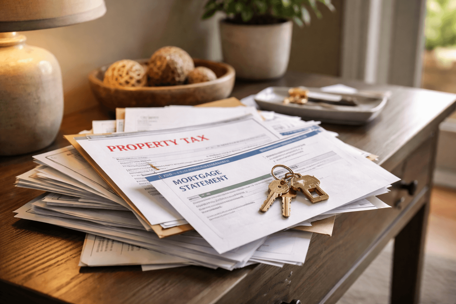Property tax letters and mortgage paperwork piled on a hallway table with house keys nearby