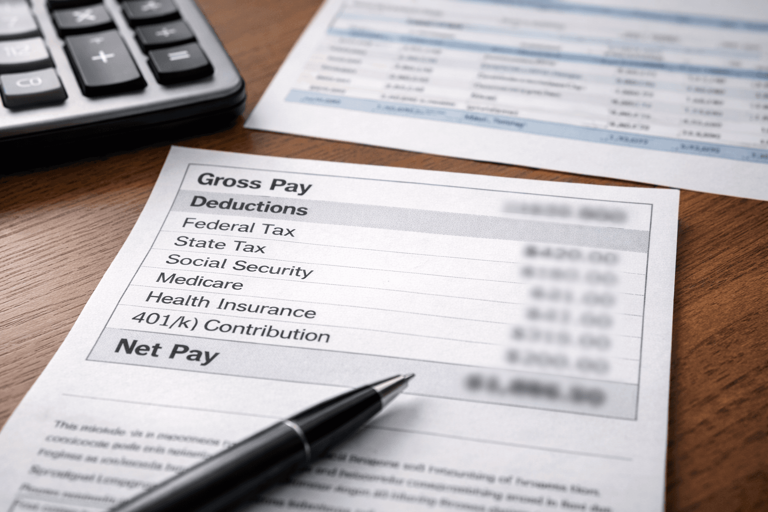 Paycheck stub showing gross pay and multiple deductions with net pay blurred on a desk beside a calculator