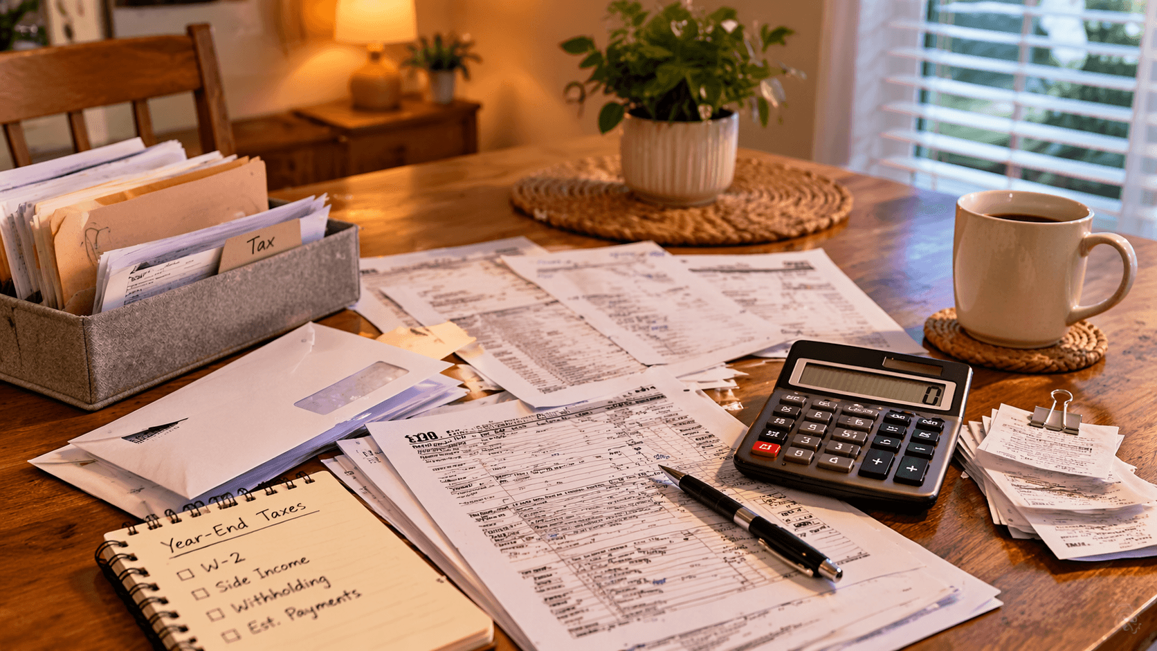 Household bills and tax documents scattered on a dining table with a calculator nearby