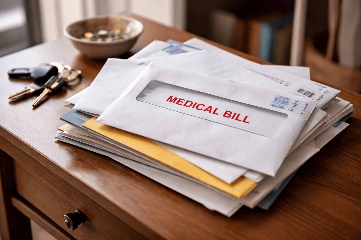 Medical bill envelope opened among stacked household mail on a table